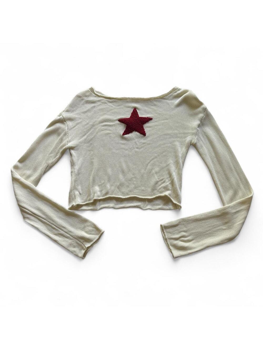 Y2K Star Detail Cropped Cotton Sweater Rolled Hem Women's L Beige Kawaii Grunge - Picture 2 of 5